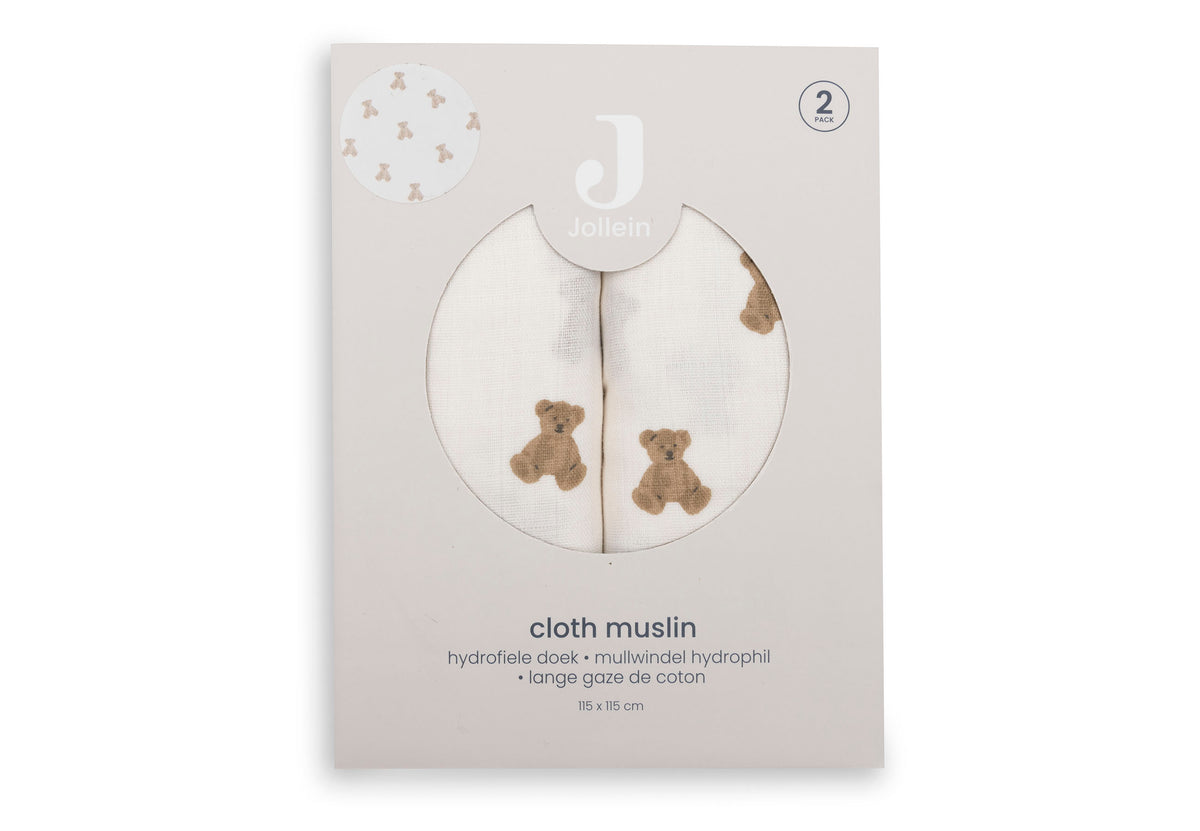 Lange gaze de Coton Large 115x115cm Jollein - Mini Teddy Bear - 2 Unités - détail