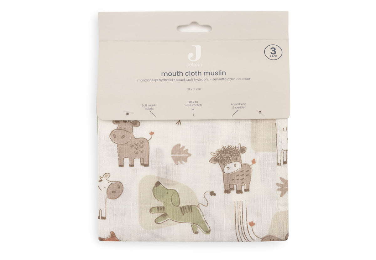 Serviette gaze de Coton 31x31cm Jollein - Barn Buddies - 3 Unités - détail