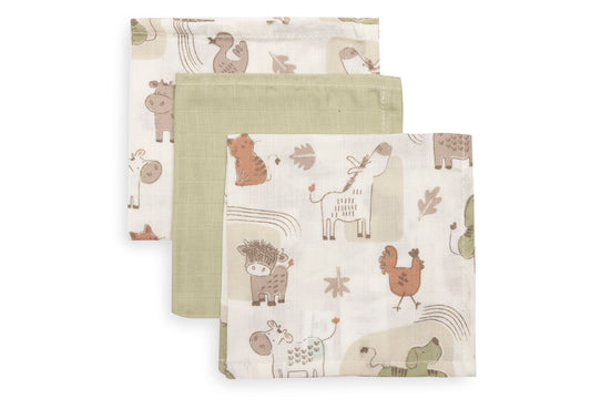 Serviette gaze de Coton 31x31cm Jollein - Barn Buddies - 3 Unités